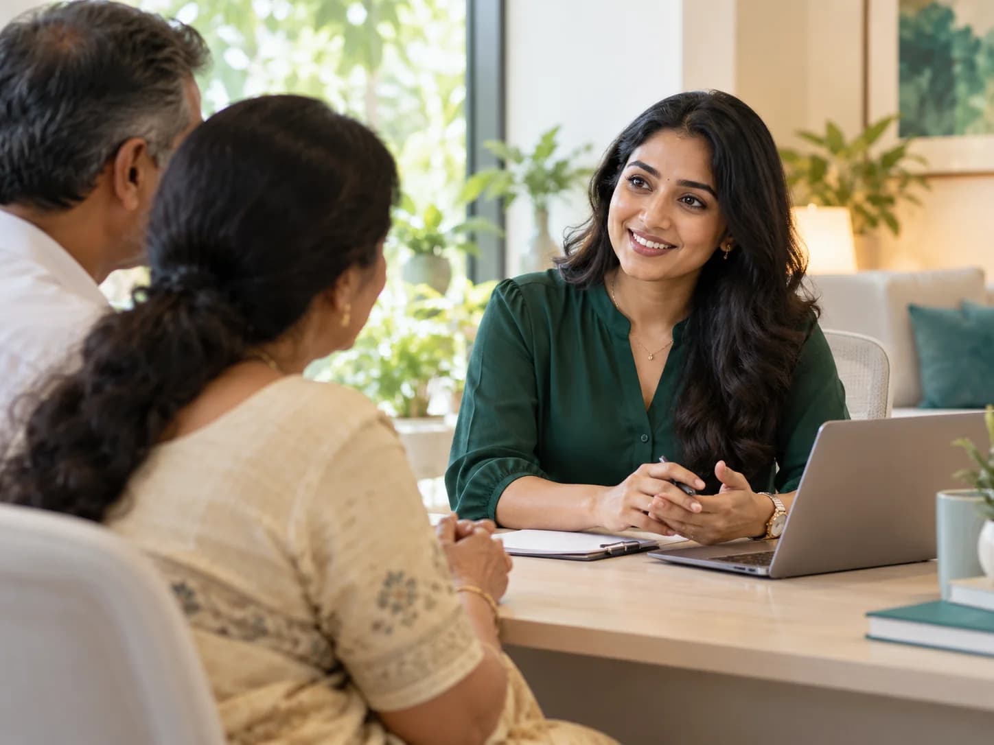 Illustration of a coordinator listening to a patient and family