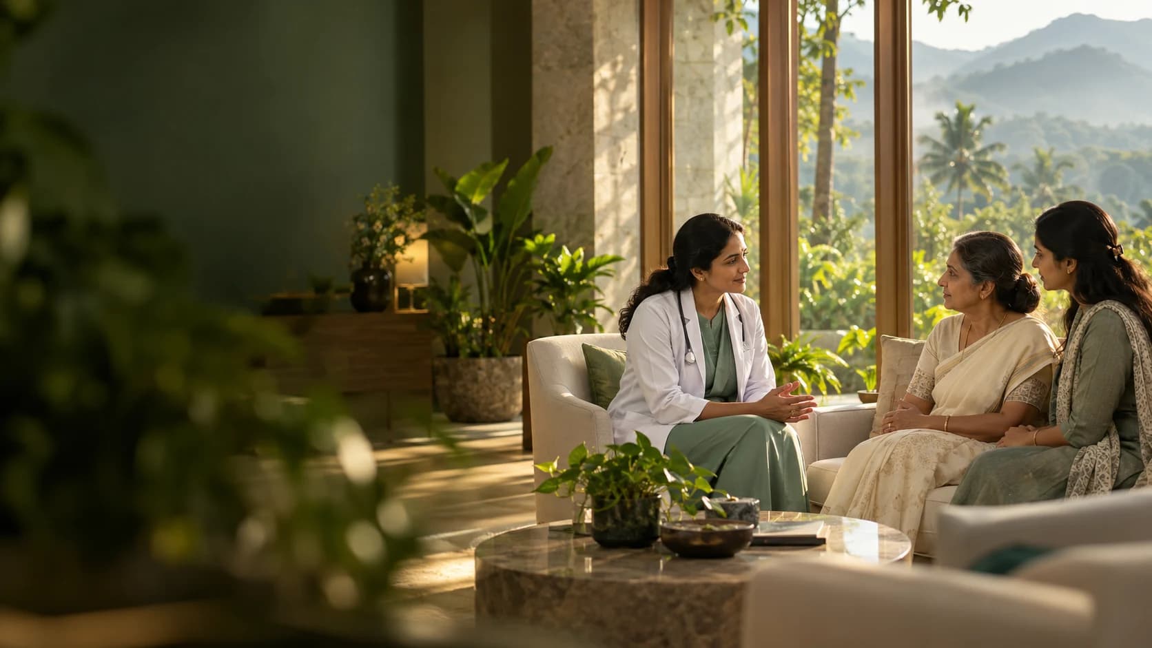 Illustration of a doctor listening to a patient and her daughter in a sunlit consultation lounge
